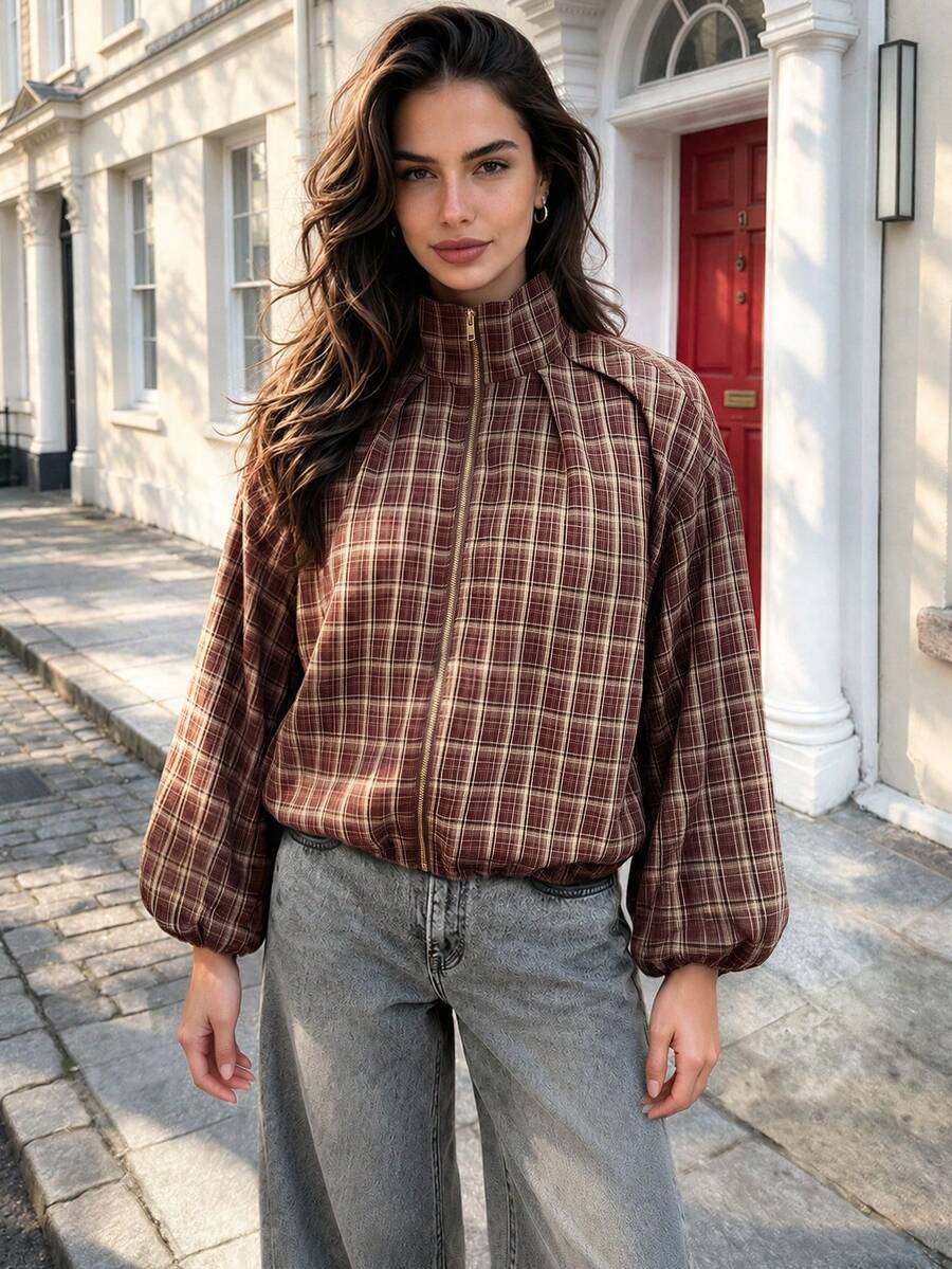 2026 Autumn/Winter New Women's Plaid Zipper Jacket, Jacket Coat, Fashionable Commuter Versatile Style - Rust Brown - View 1