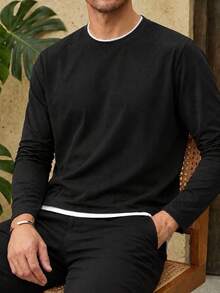 Setelan 2 Potong Pria Musim Semi/Gugur, Model Slim Fit, Bahu Reguler, Leher Bulat, Lengan Panjang, Kaos - Hitam - View 2