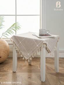 Bubaba 1pc Beige Embroidered Plaid Rectangular Tablecloth With Tassel Fringe, Cotton Polyester Blend Linen Texture, Vintage Bohemian Farmhouse Style, Suitable For Kitchen, Dining Room Rustic Table Decor, Daily Use And Family Gatherings - Multicolor - View 10