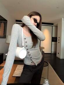 Women's Gray Knit Long Sleeve Crew Neck Top Asymmetric Button Design Slimming Fitted T-Shirt Base Layer Autumn - Light Grey - View 7