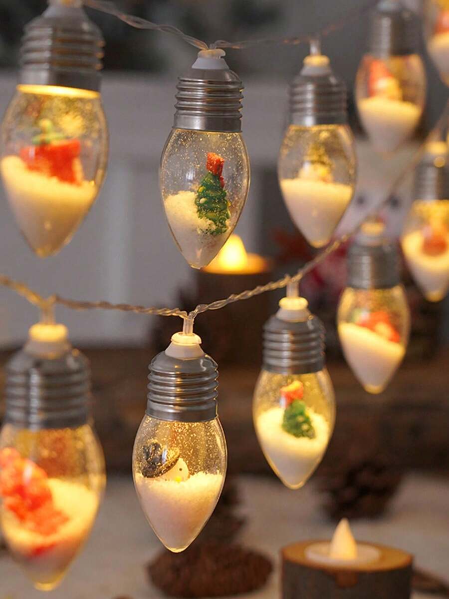 Christmas Bulb Shape LED String Lights, 1.5m 10LED, Transparent Shell With Santa, Snowman, Reindeer Ornaments, Snow Effect, Battery Powered, Decor For Xmas Tree, Window, Bedroom Holiday - Christmas Light Bulb String - View 1