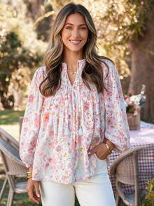 Acelitt Autumn Pink Floral Print Tassel Tie V-Neck Petal Sleeve Crop Top Vacation Spring - Baby Blue - View 1