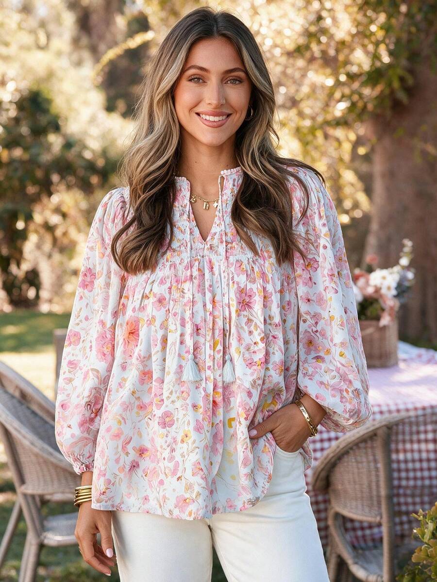 Acelitt Autumn Pink Floral Print Tassel Tie V-Neck Petal Sleeve Crop Top Vacation Spring - Baby Blue - View 1