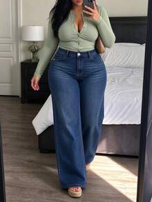 Women's Plus Size Blue Wide Leg Jeans, Button Detail Design, Long, Mid-Stretch, Suitable For Autumn Wear - Dark Blue - View 4