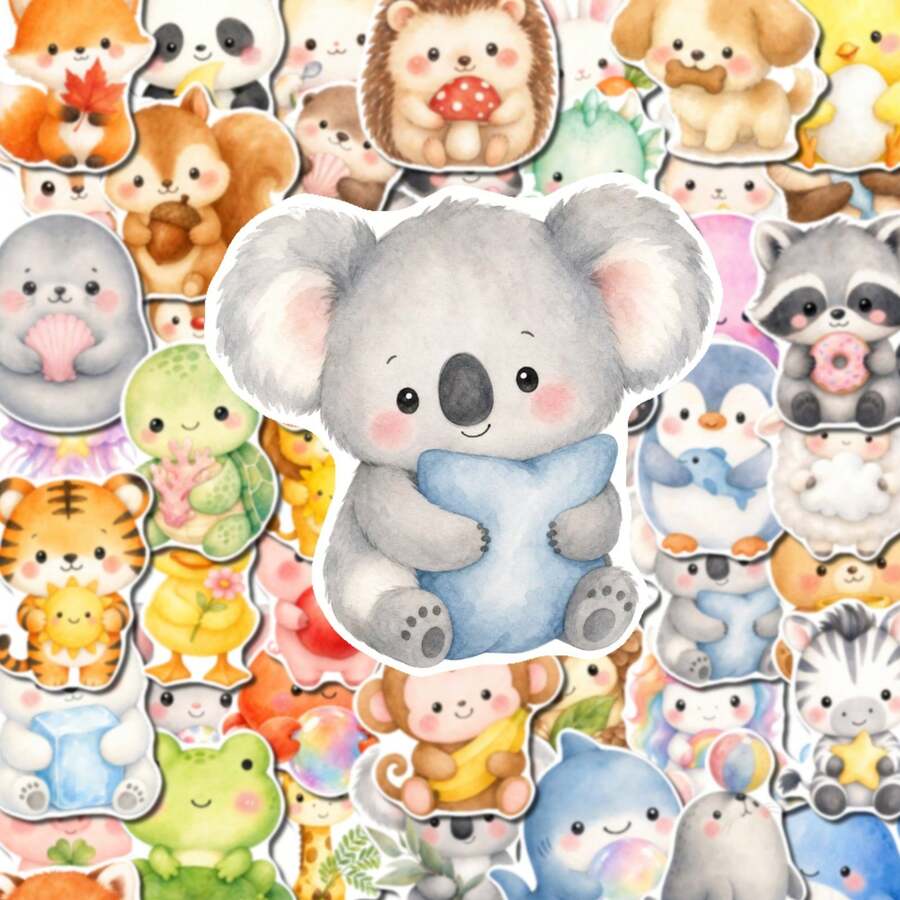 50Pcs PP Watercolor Animal Stickers, Healing Watercolor Cute Style, Including Koalas, Pandas, Dogs, Cats, Rabbits, Squirrels, Dolphins, Frogs And Other Cute Animal Elements, For Journal Collage,Tablet, Notebook, Storage Box, DIY Craft Decoration - Multicolor - View 1
