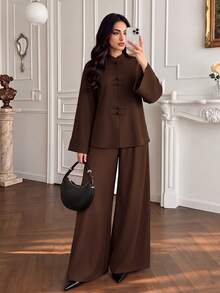 Women's Autumn Dark Brown New Chinese Style Frog Button Stand Collar + Wide Leg Pants Set, Daily Commute Minimalist Elegant 2-Piece Outfit - Brown - View 1