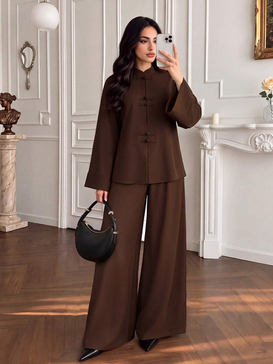 Women's Autumn Dark Brown New Chinese Style Frog Button Stand Collar + Wide Leg Pants Set, Daily Commute Minimalist Elegant 2-Piece Outfit - Brown - View 1