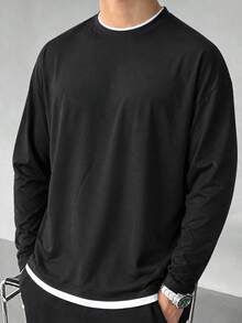 Setelan 2 Potong Pria Musim Semi/Gugur, Model Slim Fit, Bahu Reguler, Leher Bulat, Lengan Panjang, Kaos - Hitam - View 5
