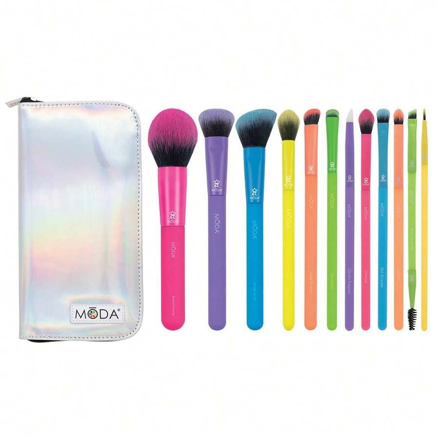 10pcs Makeup Brush Set, Neon Color, Holographic Travel Case Colorful Neon Light Vegan Set. Full Face And Eyes, Bold Expression - Multicolor - View 1