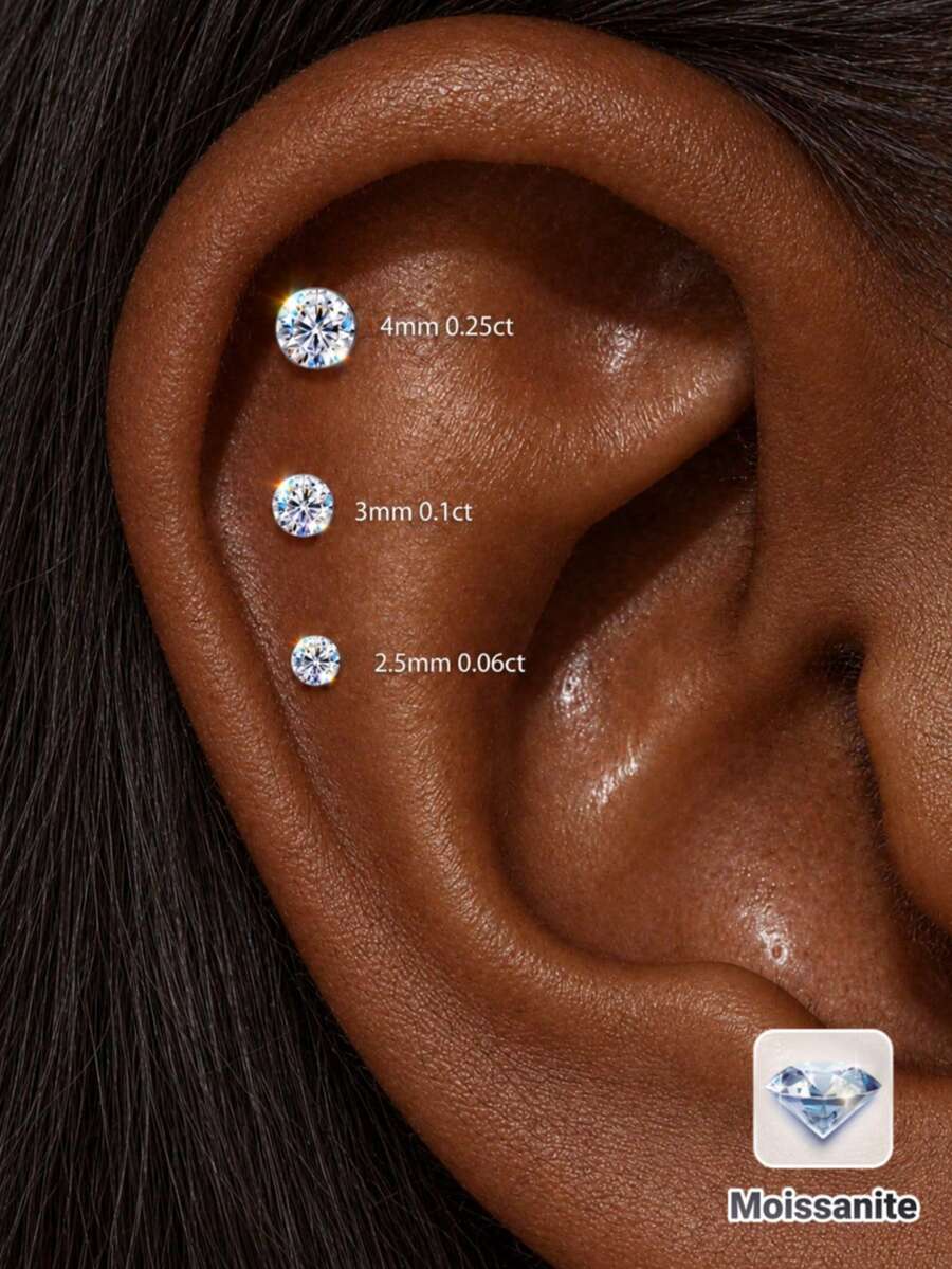 AnlaScheer 1pc Round Moissanite Flat Stud Earring, 925 Sterling Silver Hypoallergenic Threaded Cartilage Ear Jewelry, Suitable For Helix, Conch, Tragus, Women Piercing Accessory