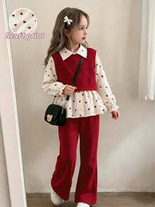 3pcs Girls Elegant Sleeveless Vest, Heart Print Blouse With Cuffed Sleeves And Long Pants Set, Spring/Autumn - Burgundy - View 1