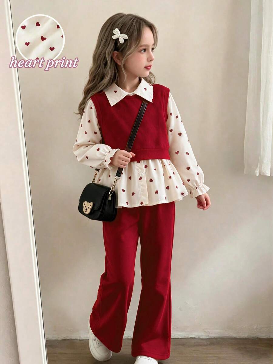 3pcs Girls Elegant Sleeveless Vest, Heart Print Blouse With Cuffed Sleeves And Long Pants Set, Spring/Autumn - Burgundy - View 1