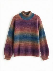 Vintage Gradient Colorful Mock Neck Long Sleeve Sweater - Multicolor - View 6
