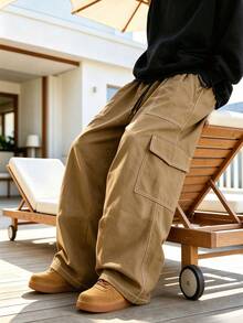 Men's Lightweight Contrast Stitching Cargo Pants, Loose Fit, Elastic Drawstring Waist, Multi-Pocket Design, Daily Commute / Streetwear / Casual Versatile, High Street Style Long Pants, Perfect Gift For Boyfriend And Dad - Khaki - View 3