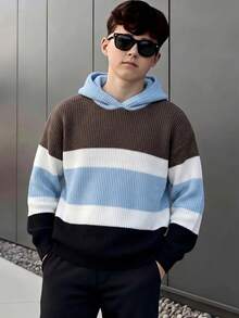 Tween Boys Colorblock Striped Hooded Sweater, Long Sleeve Loose Fit Pullover Knit Hoodie - Multicolor - View 4