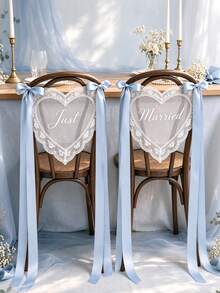 Personalized Newlywed Chair Back Hanging Sign - Bride & Groom Wedding Reception Decor, Heart-Shaped Lace Chair Back Sign, Sweet Table Decor Sign - Multi-color Heart Lace Seat Tag - View 2