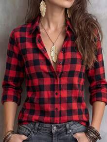 Women's Red Black Plaid Collared Long Sleeve Button Front Shirt Casual Home Office Work Daily Vintage Top Spring Summer Fall Winter - Red and Black - View 8