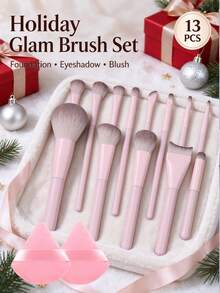 15pcs Makeup Brush Set, Complete Makeup Tools, Easy Application Including 2pcs Powder Puffs, Suitable For Foundation, Blush, Eyeshadow, Eyebrow Pencil, Contour, Lipstick, Nose Shadow And Other Facial Makeup Brushes, Complete Makeup Brush Set, Essential Beauty Tools, Makeup Set Complete Gift For Beautiful Girls, Thanksgiving Christmas Gift - Baby Pink - View 2