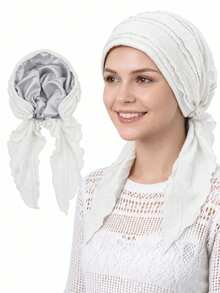 1pc Satin Lined Pre-Tied Headscarf, Ruffle Pleated Cotton Headwrap, Sleep Bonnet, Muslim Headwear - Multicolor - View 13