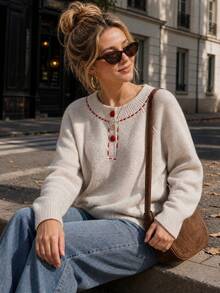 Women's Winter Knit Pullover Sweater, Comfortable Warm Round Neck Long Sleeve, Decorated With Holiday Embroidery Details,For Christmas Holiday Parties - Apricot - View 4