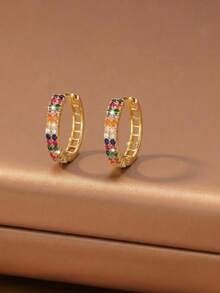 French Luxury Rainbow Micro-Inlaid Zirconia Hoop Earrings, Elegant Versatile Niche Design Round Hoop Earrings - Multicolor - View 1