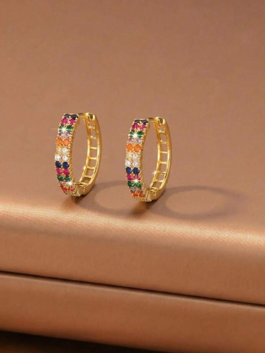 French Luxury Rainbow Micro-Inlaid Zirconia Hoop Earrings, Elegant Versatile Niche Design Round Hoop Earrings - Multicolor - View 1