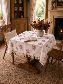 1pc Daily Minimalist Pink Bow Tulip Pattern Polyester Cotton Lace Tablecloth, Stain-Resistant With Tassel Fringe Dining Table Decor Cloth, Suitable For Square And Round Tables, Kitchen, Dining Table, Coffee Table, TV Cabinet, Entryway, Party Holiday Decoration, Home Decor, Family Gathering - Multicolor - View 7