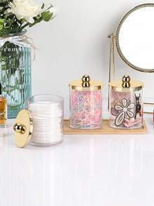 1/2/3Pcs Q Tip And Floss Pick Holder Set With Bamboo Tray, Clear Plastic Bathroom Storage Canisters With Shiny Gold Lids, Decorative Makeup Pad And Beauty Tool Organizer For Vanity Countertop And Bathroom Shelf - Multicolor - View 5
