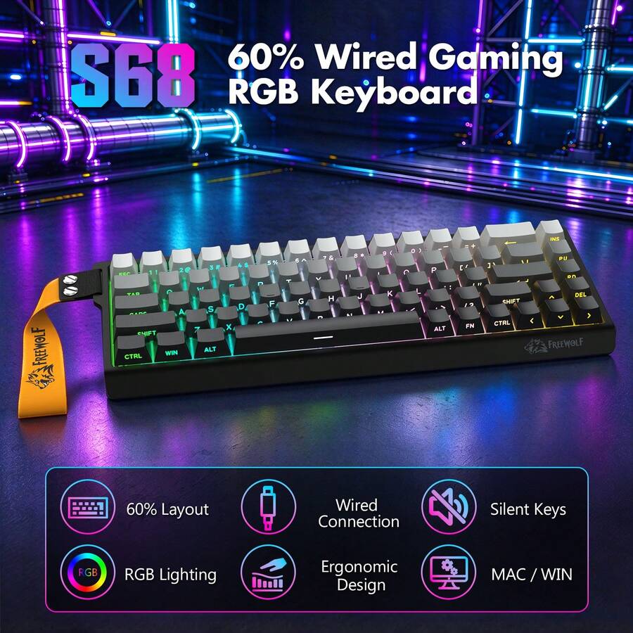 ATTACK SHARK*FREEWOLF S68 68-Key Gaming Keyboard, 60% Compact Wired Keyboard, PBT Keycaps With Side Print, Silent Membrane Switches, 16 Million Color RGB Backlight, Ergonomic Design, USB Interface Compatible With PC And Mac - View 1