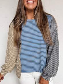 Acelitt Round Neck Color Block Striped Print Dropped Shoulder Petal Sleeve Loose Knit Top - Blue - View 2