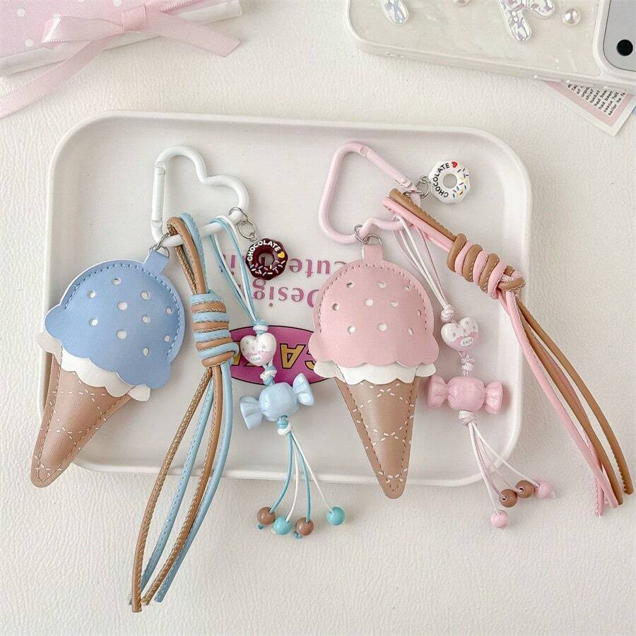 1pc Macaron Color Ice Cream Bag Charm, Simulated Donut Candy Beaded Woven Keychain Pendant, Student Backpack Decoration, Birthday Gift, Christmas, New Year Gift - Multicolor - View 1