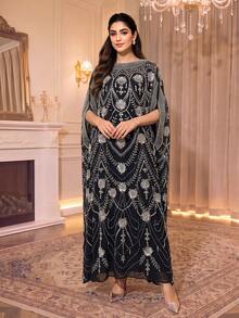 Women's Luxury Black Long Robe Dress, High Elasticity Arabic Style Outfit With Exquisite Embroidery, Perfect For Evening Occasions - Silver - View 2
