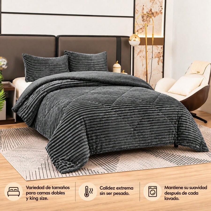 Striped Sherpa Comforter With Knitted Texture, Thick Soft Polyester Bedding Set, Thermal Quilt For Bedroom, Available In 220x240cm And 240x260cm - Dark Gray - View 1
