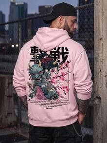 DAZY Men's Casual Fashionable Street Hoodie, Japanese Anime Character & Slogan Print, Kangaroo Pocket, Drawstring, Loose Fit - Pink - View 5