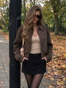 Aflion Women's Fall Winter Coffee Brown Short Bomber Jacket With Epaulettes, Collar Zip Up For Casual Commute, Date And Daily Outfits - Brown - View 9