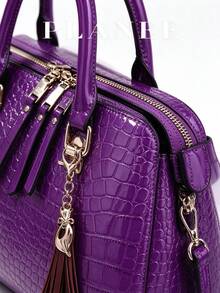 Women's Bright Purple Crocodile-Embossed Glossy PU Top Handle Satchel & Matching Envelope Clutch Set - Crocodile Pattern Mother-baby Bag - View 10