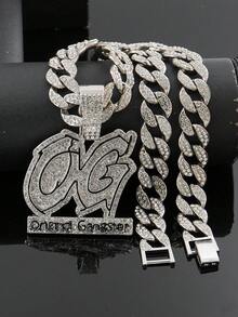 Full Rhinestone OG Letter Pendant Necklace, Iced Out Cuban Chain, Men's Hip Hop Shiny Personalized Jewelry, Nightclub Party Accessory - Original - View 10