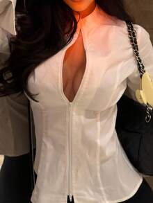 Plus Size Women's Stand Collar Full Zip Flared Sleeve Fitted Linen Shirt, Slim Fit Top, Suitable For Autumn Office Commute, Elegant Style - White - View 8