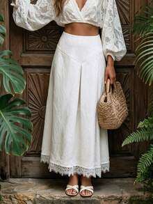 Aflion Elegant White Mid-Length Dress For Women, Woven Fabric With Exquisite Lace Trim, Perfect For Summer Occasions - White - View 7
