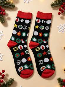 Kaos Kaki Pria Motif Natal yang Menyenangkan, Motif Kepingan Salju, Bola Warna-warni, Bintang, Jacquard, untuk Pesta Tahun Baru, Kaos Kaki Panjang - MultiWarna - View 1