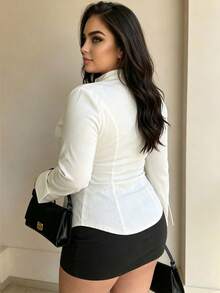 Plus Size Women's Stand Collar Full Zip Flared Sleeve Fitted Linen Shirt, Slim Fit Top, Suitable For Autumn Office Commute, Elegant Style - White - View 2