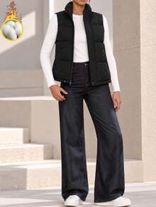 Women Black Puffer Vest Quilted Padded Sleeveless Jacket Stand Collar Snap Button Front Side Pockets Casual Winter Gilet - Black - View 5