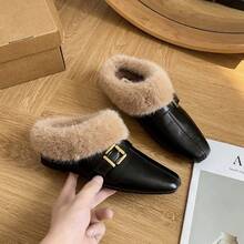 Vintage Square Toe Plush Women's Shoes With Thick Fleece Lining, Buckle Decor, Comfortable Flat Sole Warm Shoes - Black - View 9