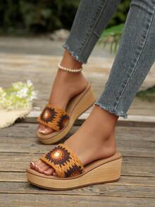 Women Crochet Lace Wedge Slide Sandals, Bohemian Open Toe Platform Slip On Summer Slippers - Orange - View 3
