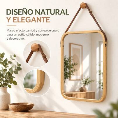 Rechthoekige wandspiegel met natuurlijk bamboe frame en bruine leren riem, decoratieve spiegel voor badkamer, slaapkamer of hal, inclusief houten ophangknop, 34x41,5 cm