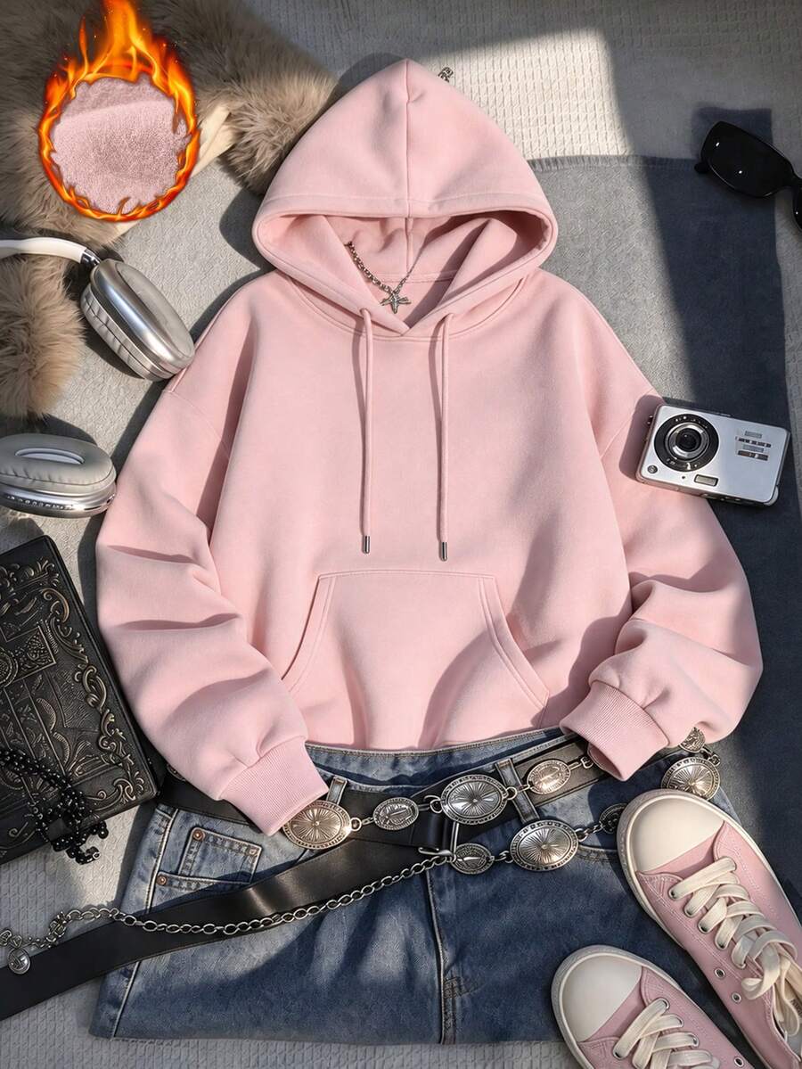女款粉色寬鬆連帽抽繩口袋衛衣,長袖保暖內裡套頭衫,適合休閒街頭穿搭 - 粉色 - 查看 1