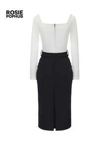 ROSIE POPHUB Women Black White Two Tone Square Neck Long Sleeve Midi Dress, Belted Ruched Pencil Dress Elegant Commute Christmas For Fall Winter - Black and White - View 11
