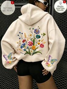 Áo nỉ hoodie vai trễ in hoa và bướm size lớn - Màu be - Xem 1