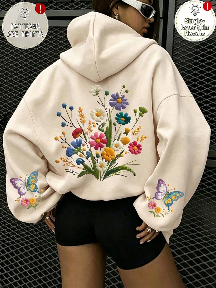 Áo nỉ hoodie vai trễ in hoa và bướm size lớn - Màu be - Xem 1