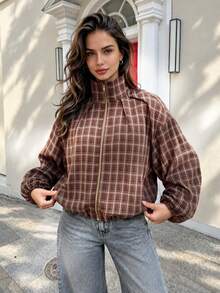 2026 Autumn/Winter New Women's Plaid Zipper Jacket, Jacket Coat, Fashionable Commuter Versatile Style - Rust Brown - View 11